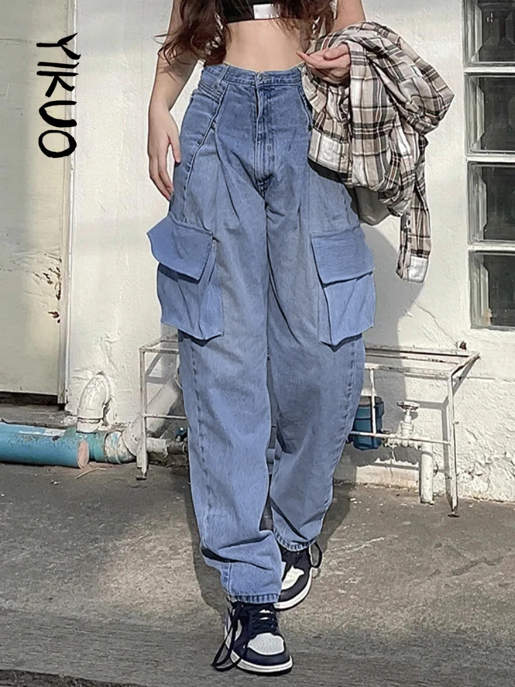 

YIKUO Korean Fashion High Waist Harem Denim Pants Big Pockets Stitch Cargo Jeans Woman Casual Baggy Hippie Streetwear Bottoms