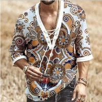 men clothes 2022 european american new mens chest lace up short sleeved printed shirt casual v neck mens dress shirts