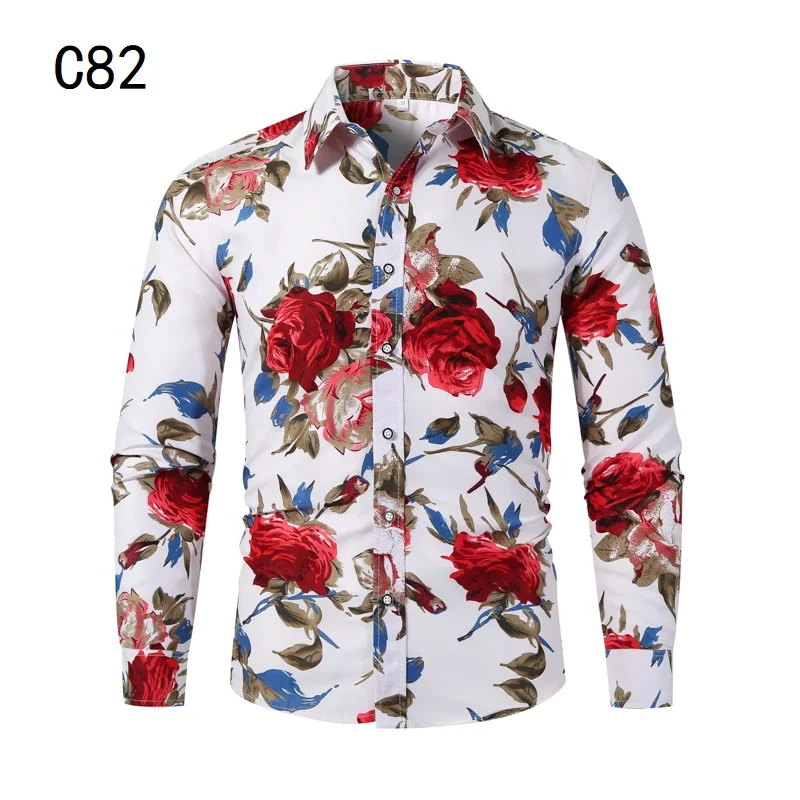 

European Size 2022 Autumn New Large Size Long-sleeved Shirts Flower Printed Slim Fit Men's Harajuku Shirt