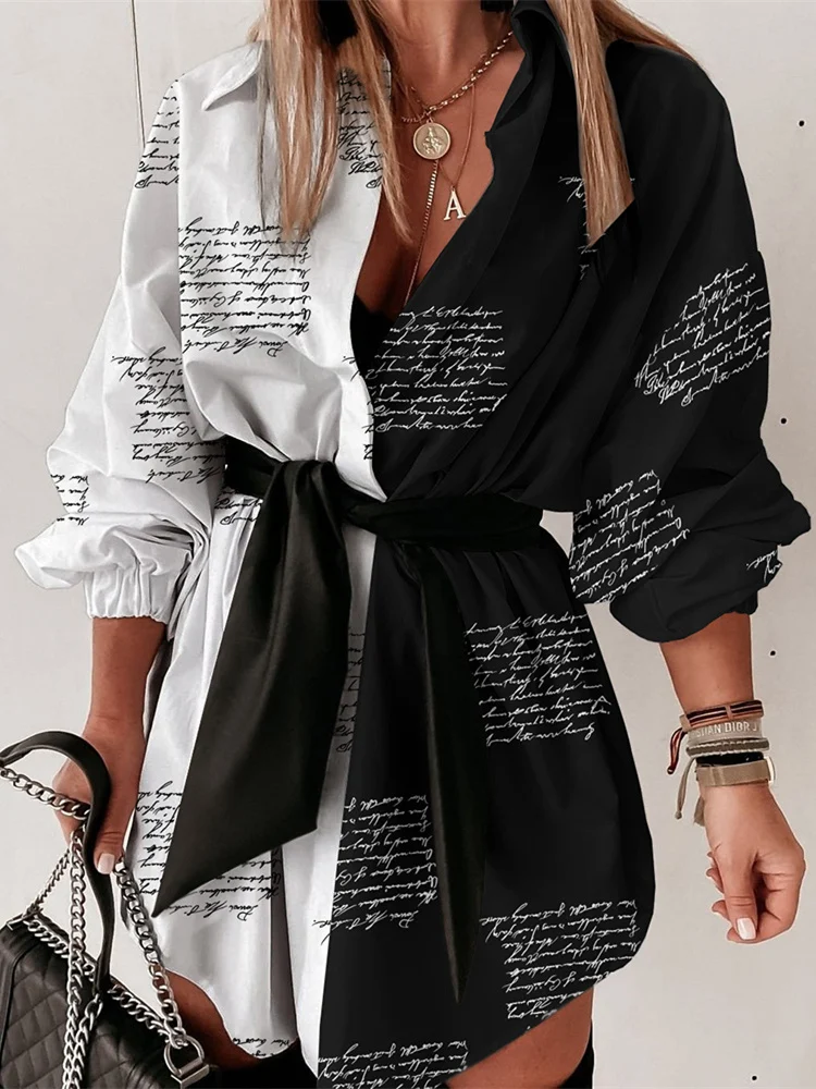 

Женское элегантное осеннее платье-рубашка в стиле пэчворк с буквенным принтом, модное повседневное мини-платье с длинным рукавом, отложным ...