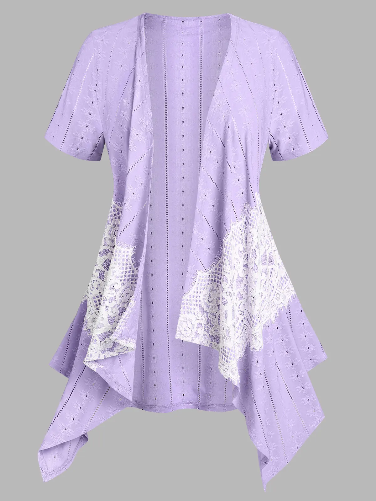 

Женский дышащий Топ ROSEGAL с вышивкой, с кружевной вставкой, асимметричный открытый кардиган спереди, светло-фиолетовый, 4XL