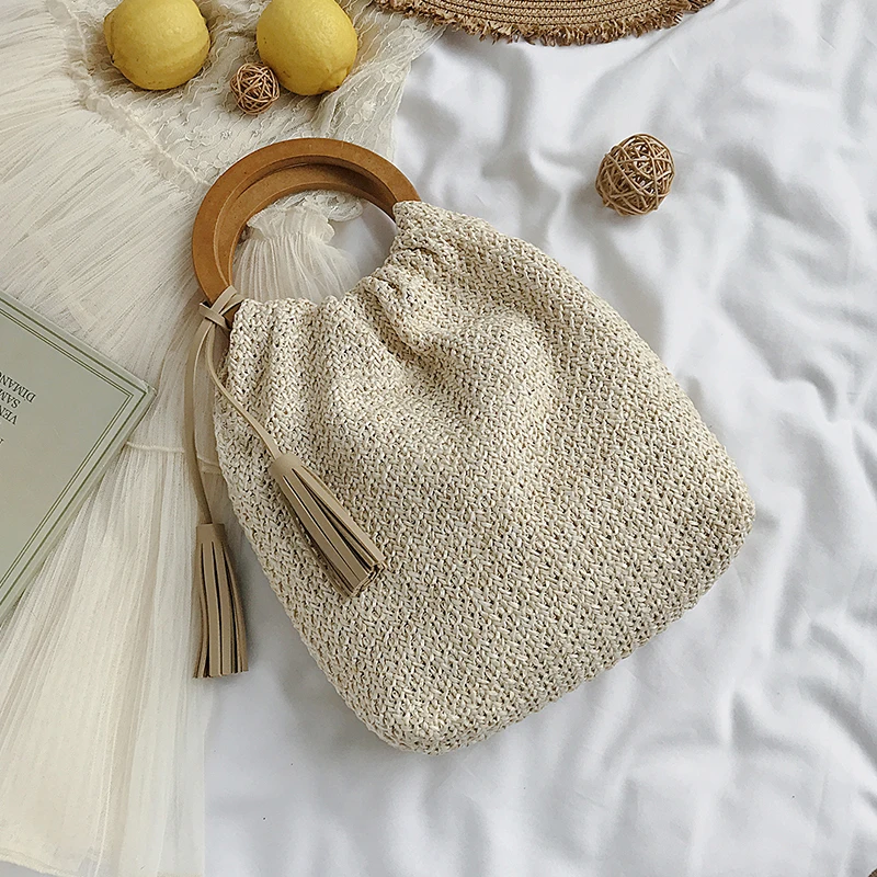 Summer straw bag for women 2023 small Woven Handmade Handbag Lady Tote Vacation Beach Bag shoulder bag Ring pocket Shopping bag