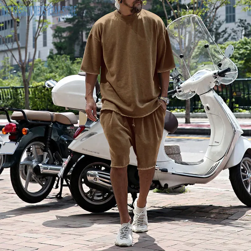 Men's Sets Summer Suit Solid Crew Neck T-shirt Short Sleeves Shorts Loose Leisure Daily Mens Pants Casual Men Clothing