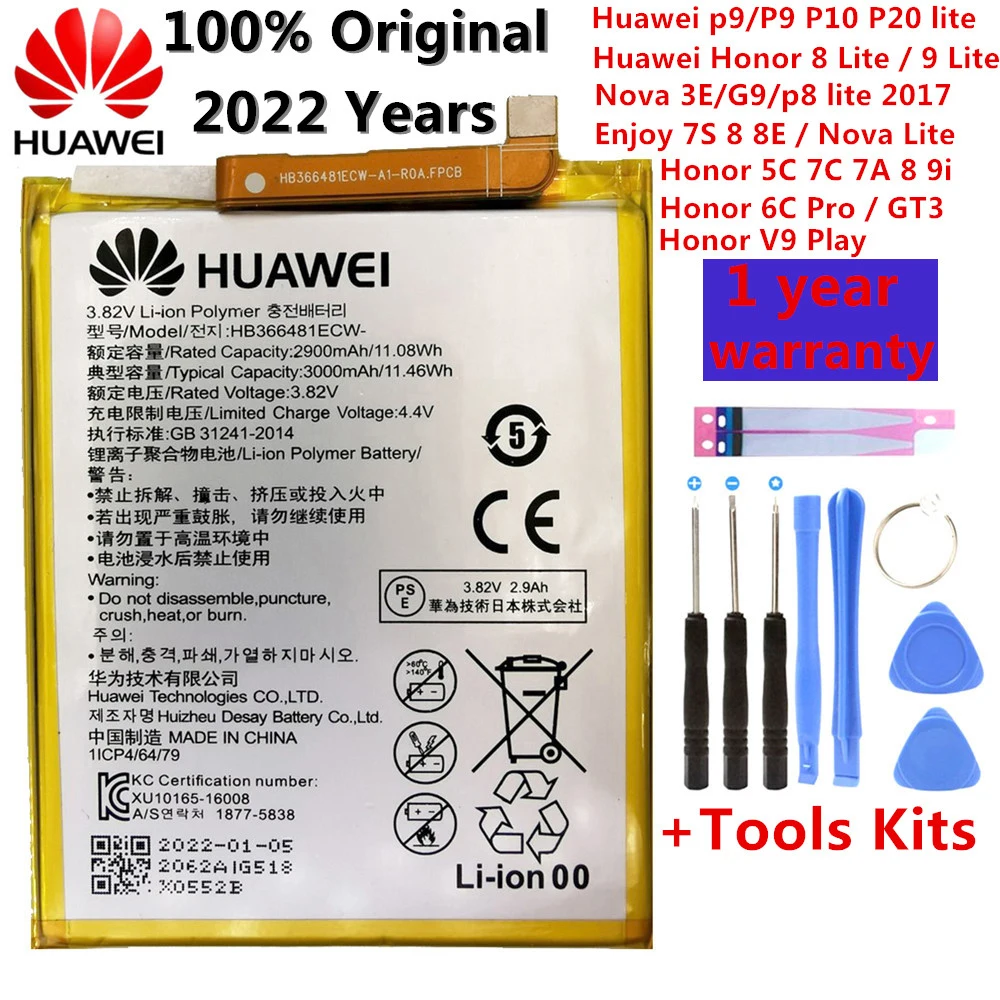 

Hua Wei original Real 3000mAh HB366481ECW For Huawei p9/p9 lite/honor 8 5C /p10 lite/p8 lite 2017/p20 lite/p9lite battery+Tool
