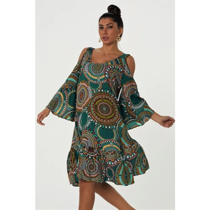 

Women's Green Shoulders Windowed Mandala Pattern Handles Flounces Temporary Shed Dress Women Summer Dress Casual Long Ball Gown Midi