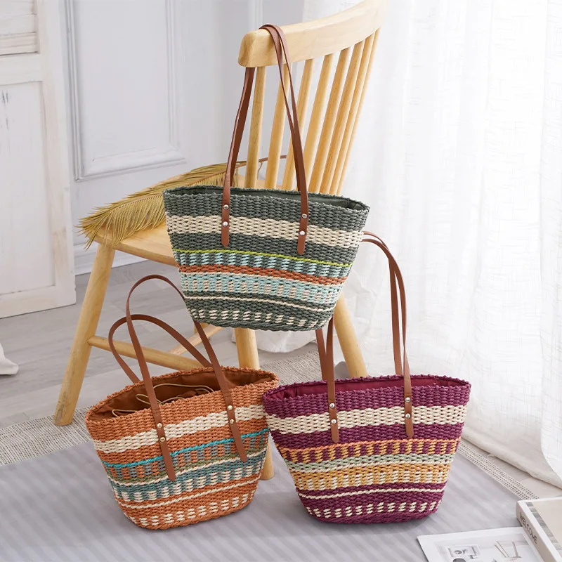 

Summer Women's Handwoven Bag Women Casual Handbag Striped Vintage Handmade Woven Shoulder Bag