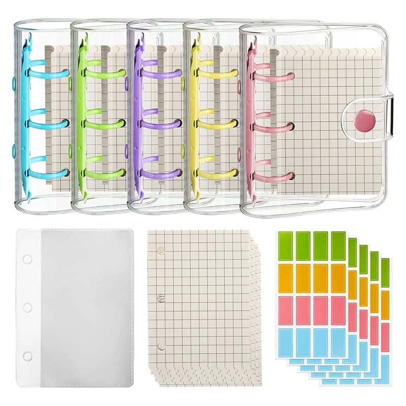 

5 Pack Mini Transparent 3 Ring Binder Covers With Binder Inner Papers Storage Bags Label Sticker Binder Pockets