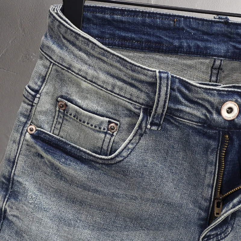 Fashion Designer Men Jeans Summer Trendy Retro Blue Elastic Ripped Short Jeans Embossed Vintage Hip Hop Denim Shorts Hombre