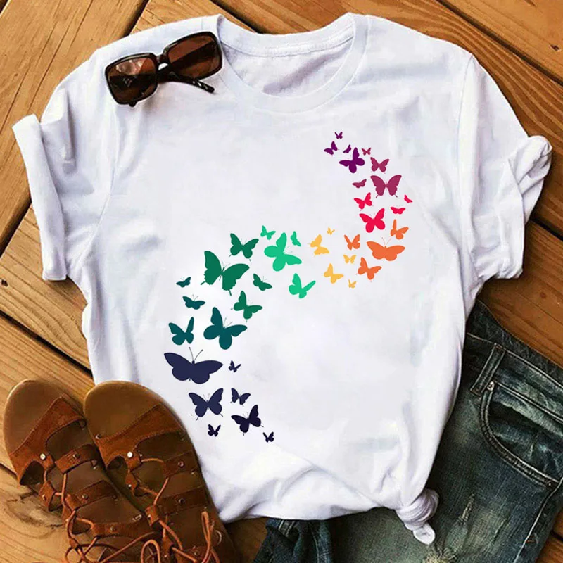 

Women T Shirt Colorful Butterflies Printed T Shirt Harajuku Casual Tops Female Ladies Short Sleeve Graphic Tee Shirt 90s Girls T