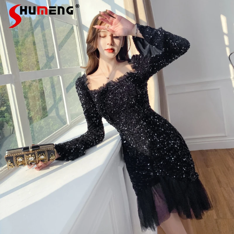 

High-End Heavy Sequined Dress Women's 2022 Spring New Temperament Square Collar Sexy Hip Fishtail Dress Evening Party Club Dress