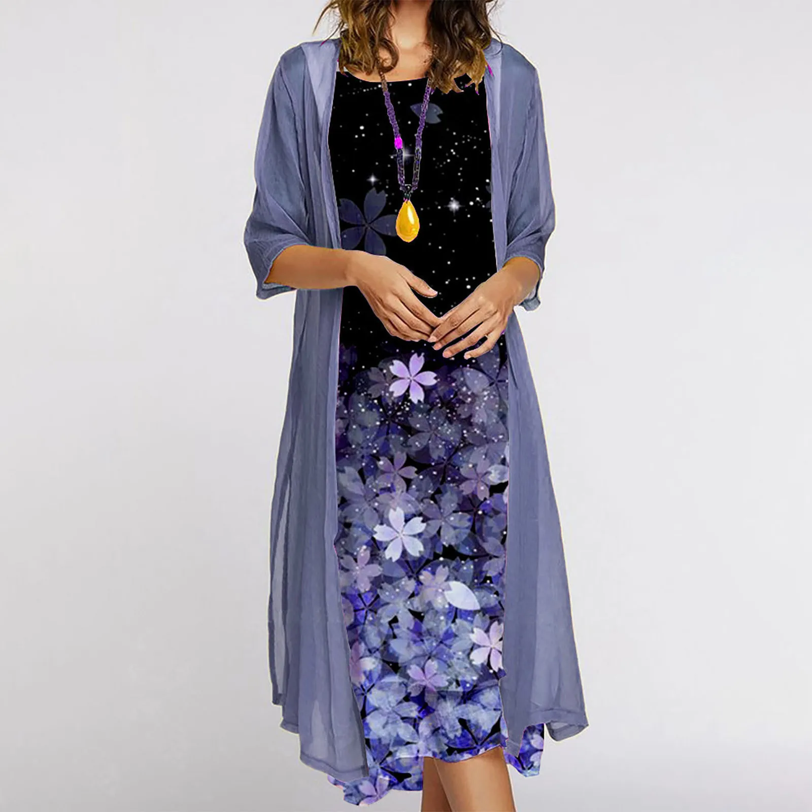 

2022 Robe Style Vintage Cardigan Long Tops + Casual O Neck Harajuku Floral Printed Long Dress Women Two Piece Set Dress Outfits