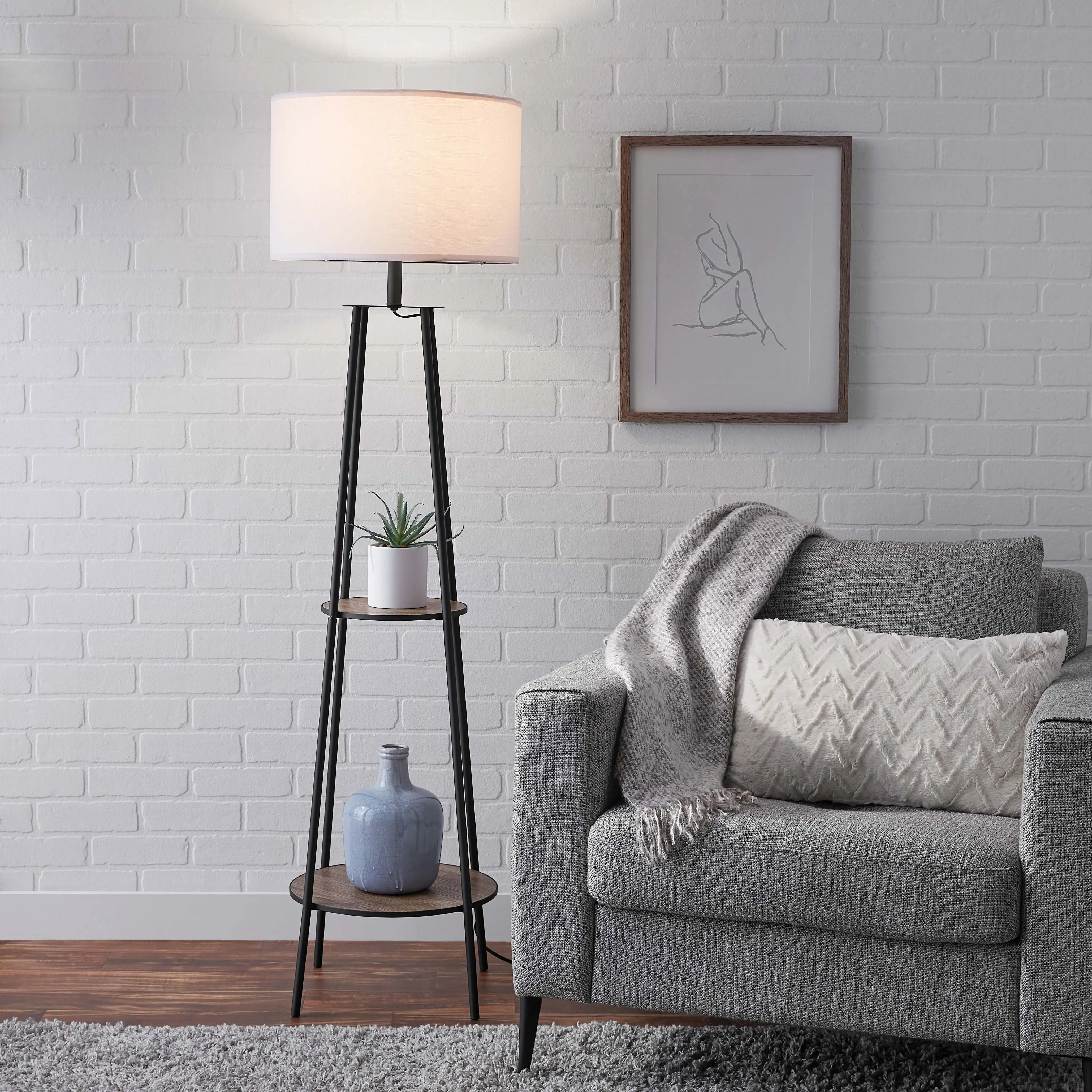 

HMTX Etagere Matte Black Floor Lamp, with 2 Wood Shelves, Black Color