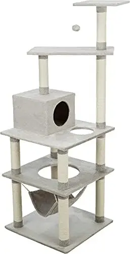 

69.7-Cat Tower, Jute Scratching Posts, Cat Tree with Plush-Covered Condo, Platforms, Hammocks, Greige Pet shedding brush Dog acc