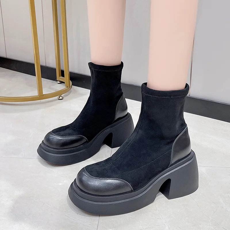 Chelsea Chunky Mid Heels Warm Women Boots Winter Casual Knee High Women Shoes Pumps Platform Motorcycle Long Cotton Botas 2022