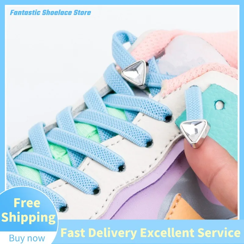 

New Fashion Round Triangle Diamond Buckle Elastic Shoelaces Flat Shoe Laces For Kids and Adult Sneakers Quick Lazy Shoe Strings