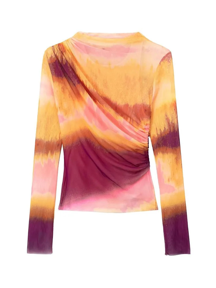 

Women Tie Dye Pleated Tulle T-shirt Vintage Long Sleeve See Through Thin Pullover O-neck 2023 Summer Printed Casual Tops