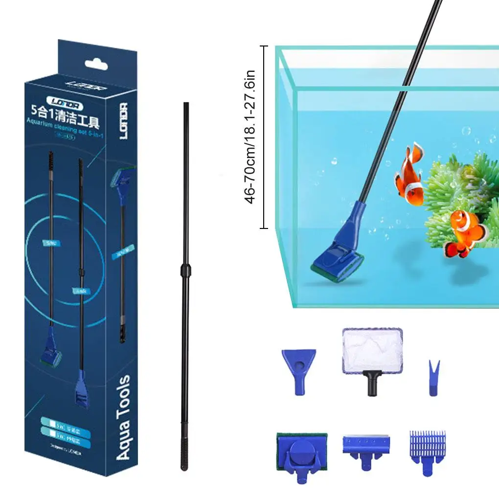 

5 in 1 Aquarium Fish Tank Cleaning Tool Kit Gravel Rake Algae Water Grass Clip Long Handle Brush Fishing Net