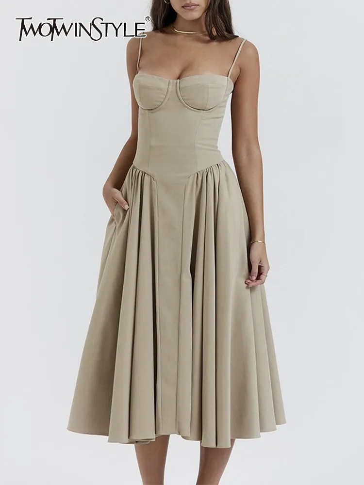 

TWOTWINSTYLE Solid Elegant Dresses For Women Square Collar Sleeveless High Waist Tunic A Line Pleated Dress Female Fashion 2023