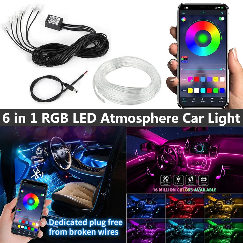 

6 in 1 RGB LED Atmosphere Car Light Interior Ambient Light Fiber Optic Strips Light by App Control DIY Music 8M Fiber Optic Band