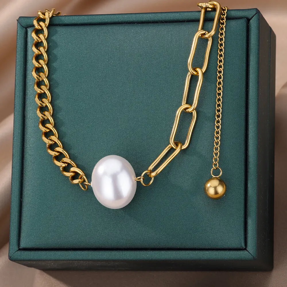 

Oval Imitation Pearl Pendant Necklace for Women Stainless Steel Link Chain Necklaces Luxury Elegant Aesthetic Jewelry collares