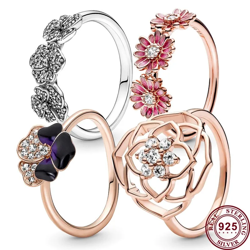 

New Hot 925 Silver Exquisite Tricolor Princess Crystal Daisy Female Ring Wedding Couples High-quality Fashion Diy Charm Jewelry