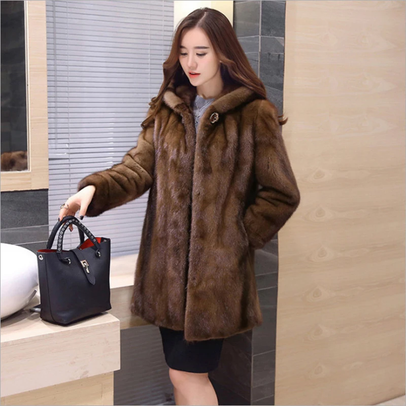 Women Mink Coats Female Mink Fur Coat Hooded Long Fur Coat Ladies Thick Warm Luxury Winter Clothes Large Size Faux Fur Coats