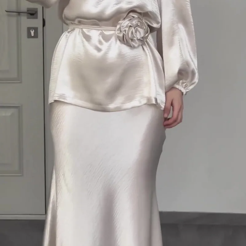 Женский элегантный костюм из двух предметов однотонный топ с длинным рукавом и