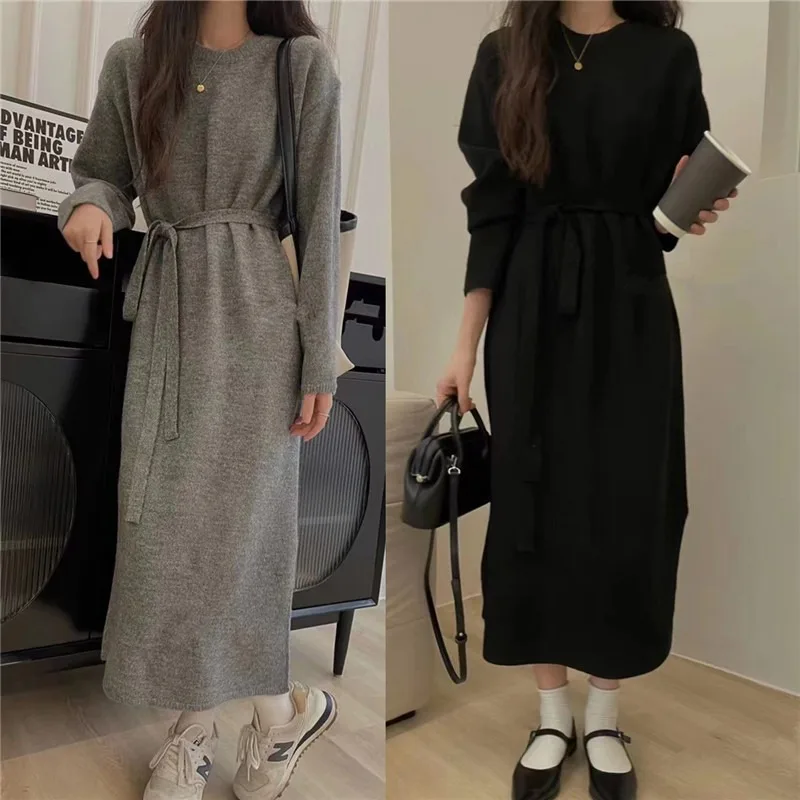 

Women's Chic Basics Mid-length Autumn Winter Knit Dress With Belt Loose Lace Up Solid Color Versatile Slim Knitted Dress Thick