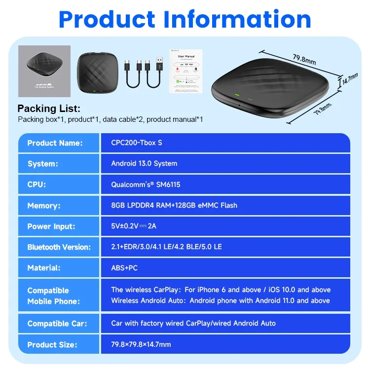 Автомобильные аксессуары 128 ГБ Sm6115 Мультимедиа Проводной к беспроводному Smart Ai Box