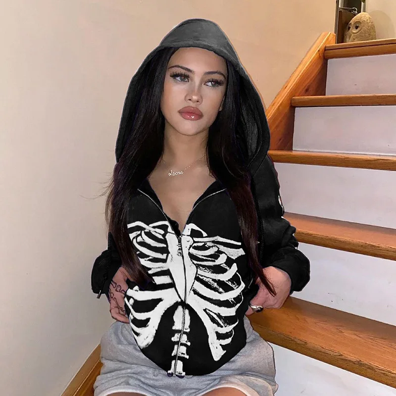 

Retro Skeleton Print Y2K Gothic punk black hooded sweatshirt women ins female print student long sleeve o-neck Hood hoodie