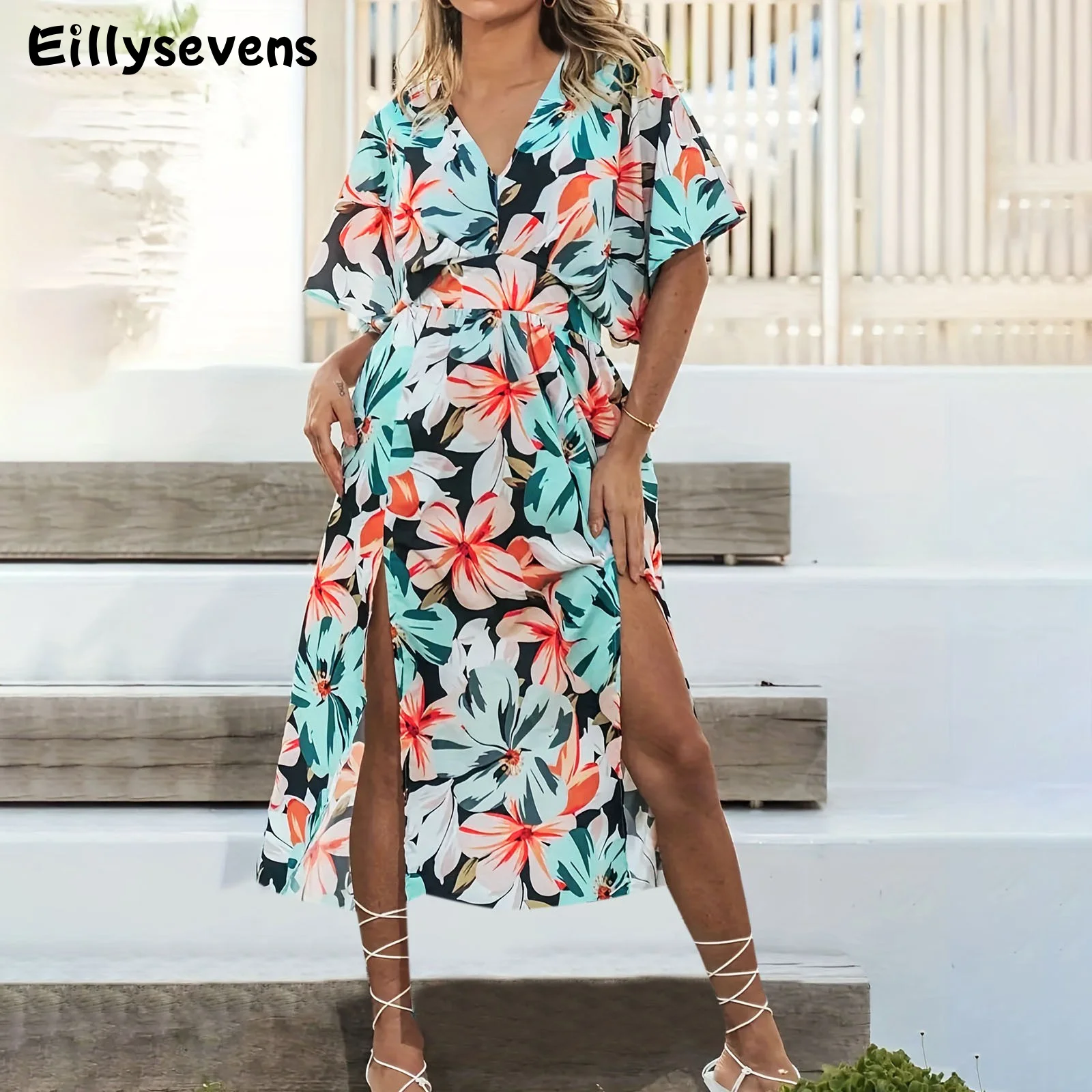 

Платье женское длинное асимметричное до щиколотки с V-образным вырезом и принтом