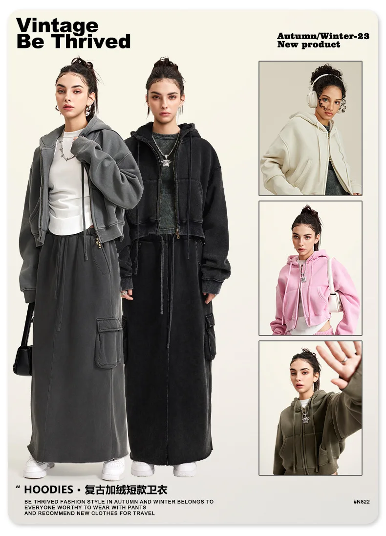 

2023 fall / winter Spice Girl washed vintage velvet short top women's y2k zipper hoodie women's coat