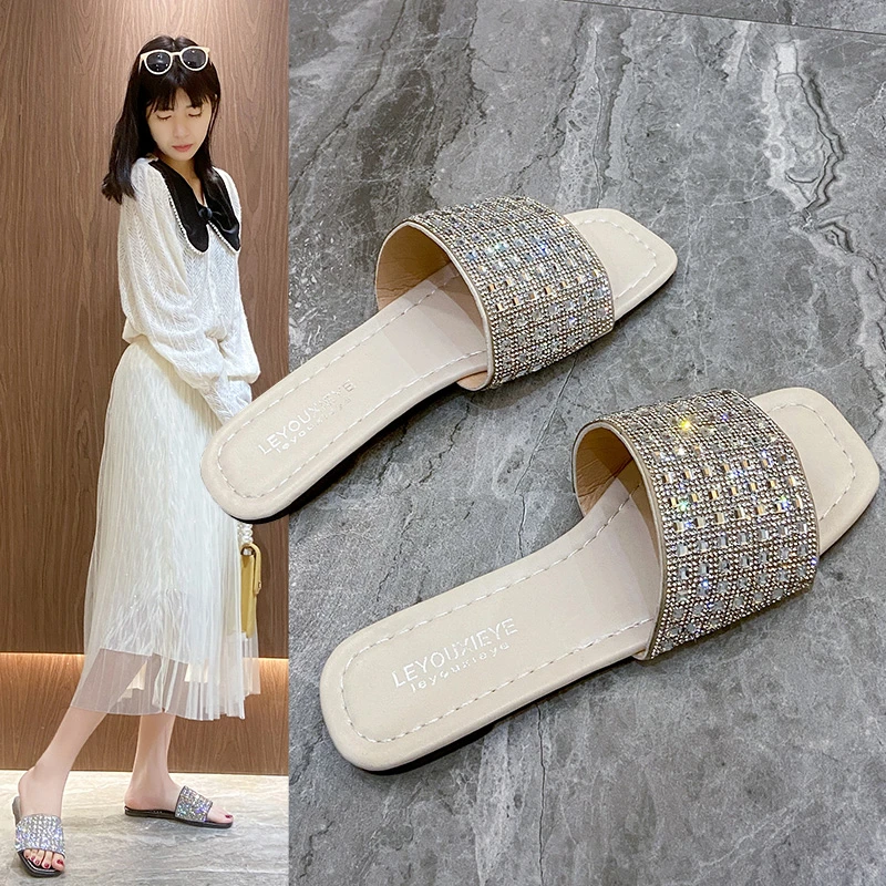 

Women Summer Square Toe Slippers Glitter Flats Shoes Woman Casual Open Toe Ladies Slides Fashion Outdoor Beach Slippers 2022