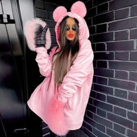 european and american womens 2021 autumn and winter new fashion solid color wild cute plush ears hooded long sleeved sweater