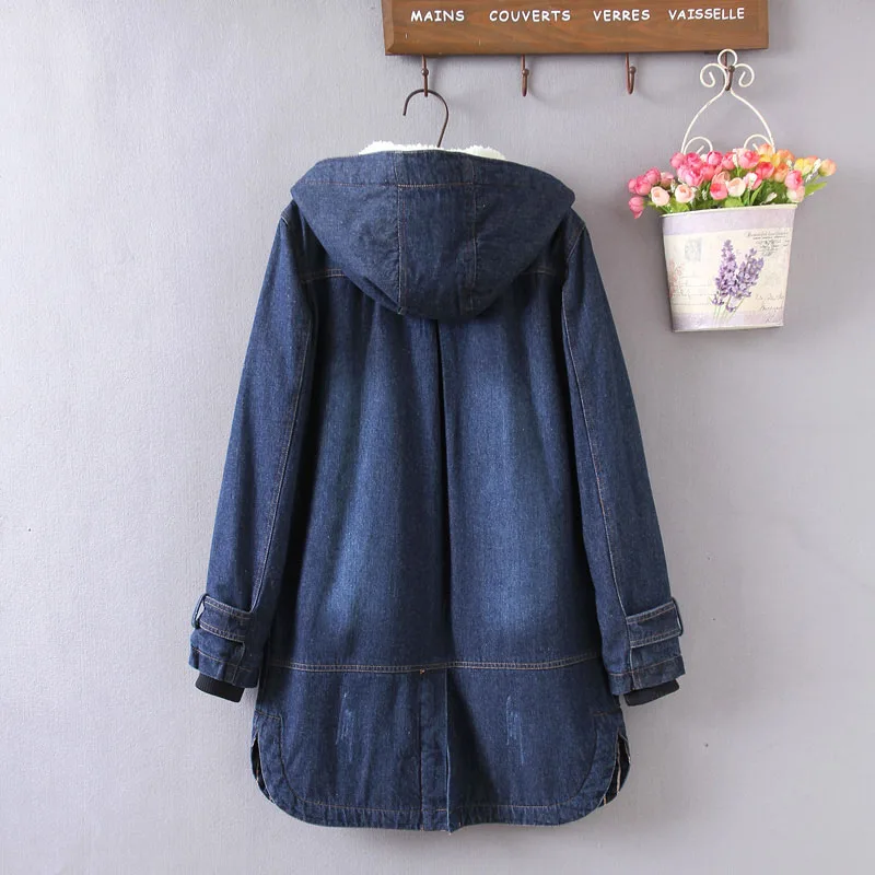 Oversized Women's Denim Clothing Winter Coat Thickened Denim  Hooded Lamb Wool Warm Cotton Parka Casual Loose Outwear Winter