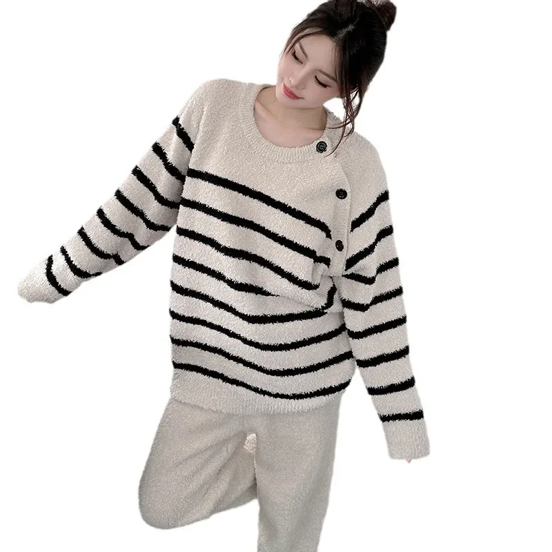 Женская осенне-зимняя новая простая полосатая удобная полубархатная одежда для