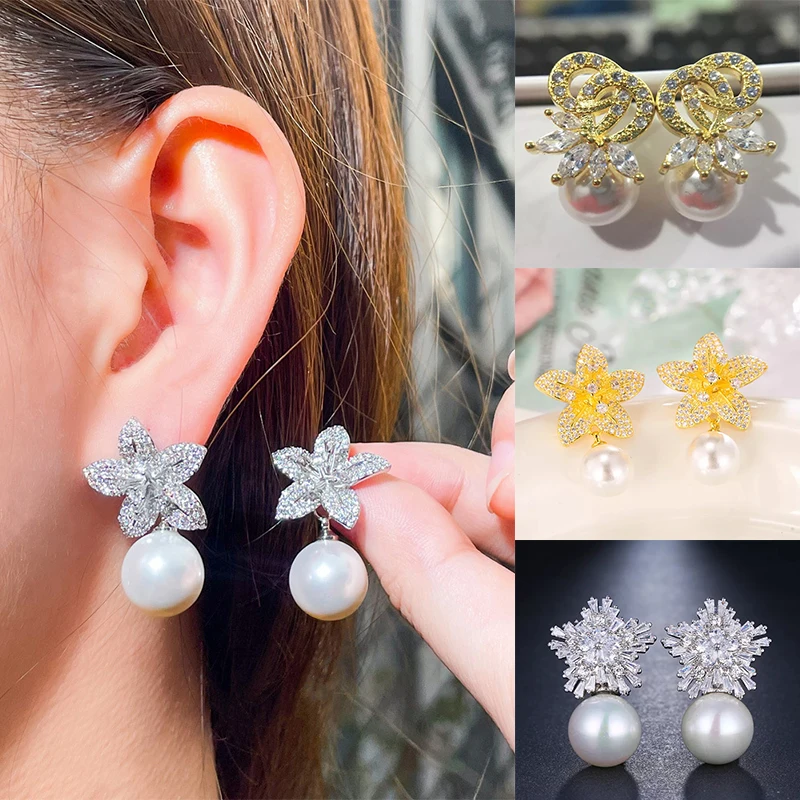 

European and American Luxury Flower Petal Earrings White Imitation Pearl Korean Earrings Free Shipping on Women's Jewelry Gift