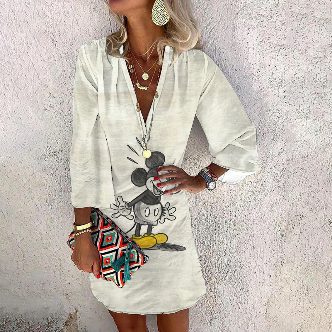 

Hot Fashion Women Disney Mickey and Minnie Summer Single Breasted V Neck Casual Vintage Floral Print Half Sleeve A-Line Skirt Ve
