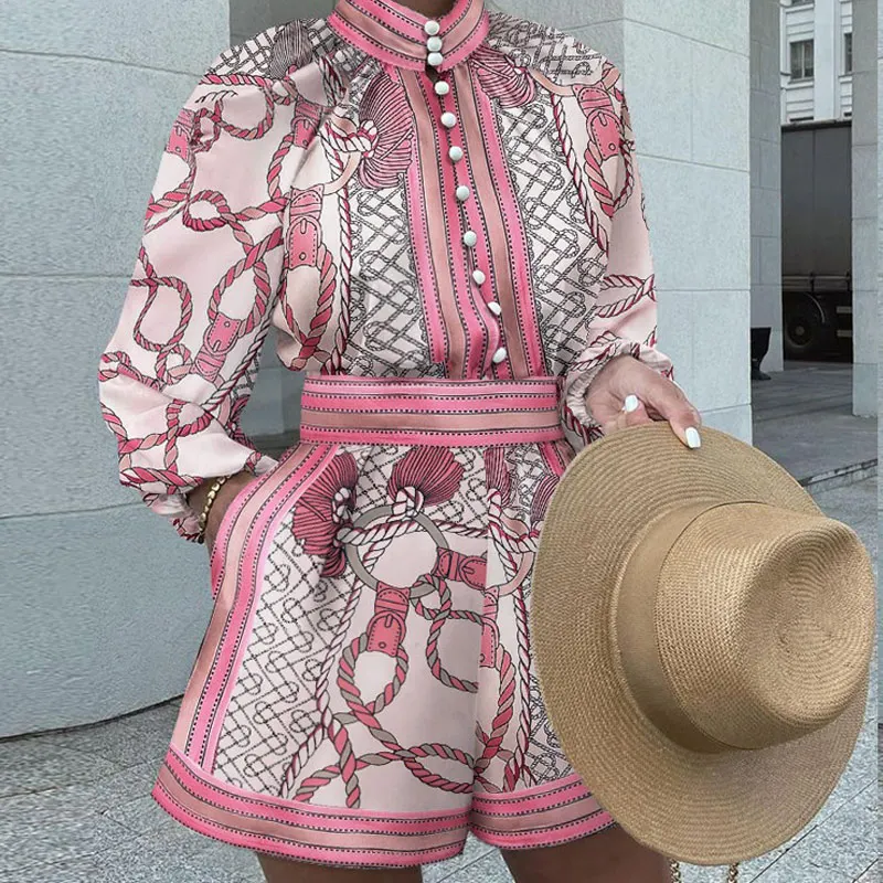 

Shorts Suit Women Half High Neck Long Sleeve Fashion Vintage Print Single Breasted Short Sets Female Autumn Casual Two Piece Set