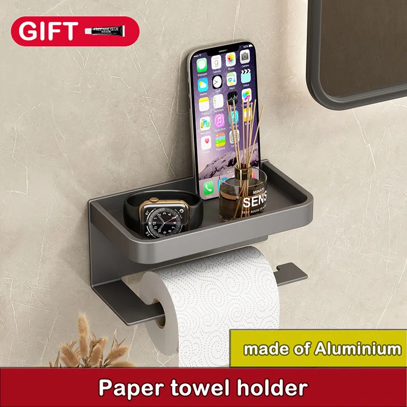 

Aluminium Wall Mounted Toilet Paper Holder with Storage Rack Towel Roll Shelf Organizer Phone Stand Bathroom Accessories