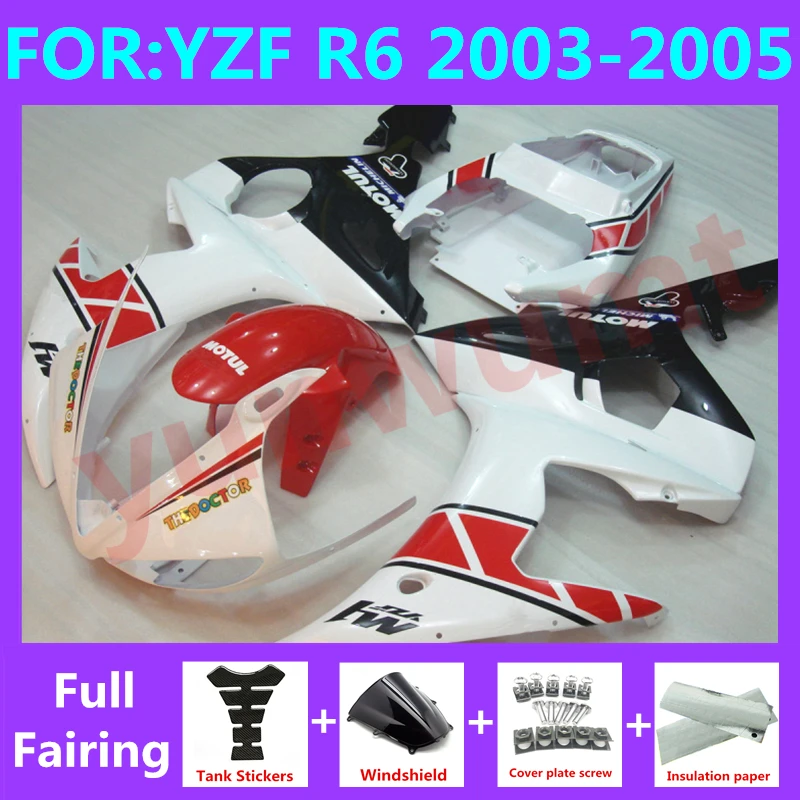 

Новый комплект обтекателей для мотоцикла ABS, подходит для YZF R6 2003 2004 2005 55 03 04 05, Обтекатели для кузова, Набор белого и красного цветов