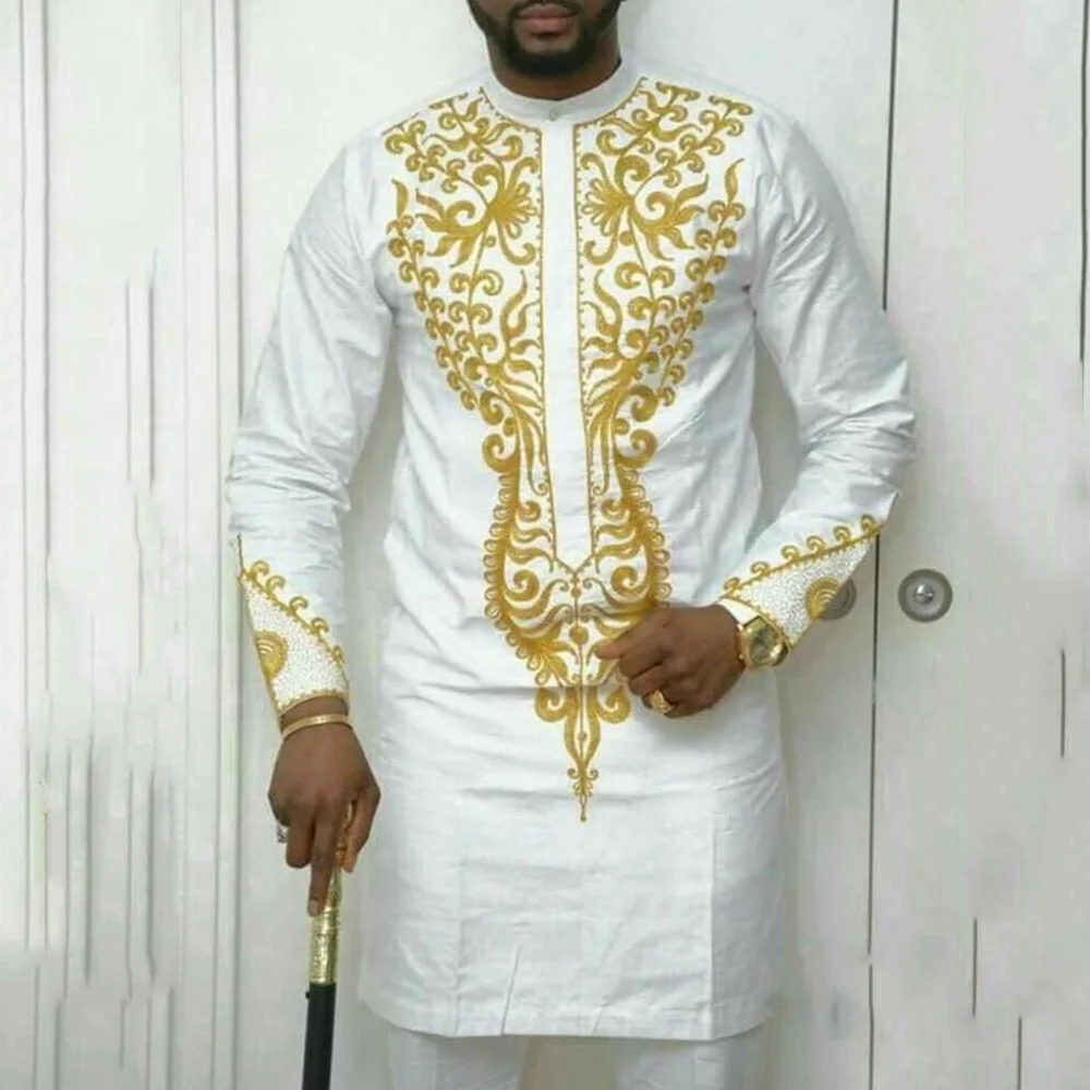 2023 Simple New Suit Men's 2-piece Men's Round Neck Stitching Solid Color Long Sleeve Festival Social African Ethnic Style