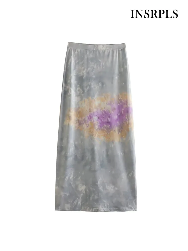 

INSRPLS Women Fashion Tie-dye Print Midi Skirt Vintage High Waist With Elastic Waistband Female Skirts Mujer
