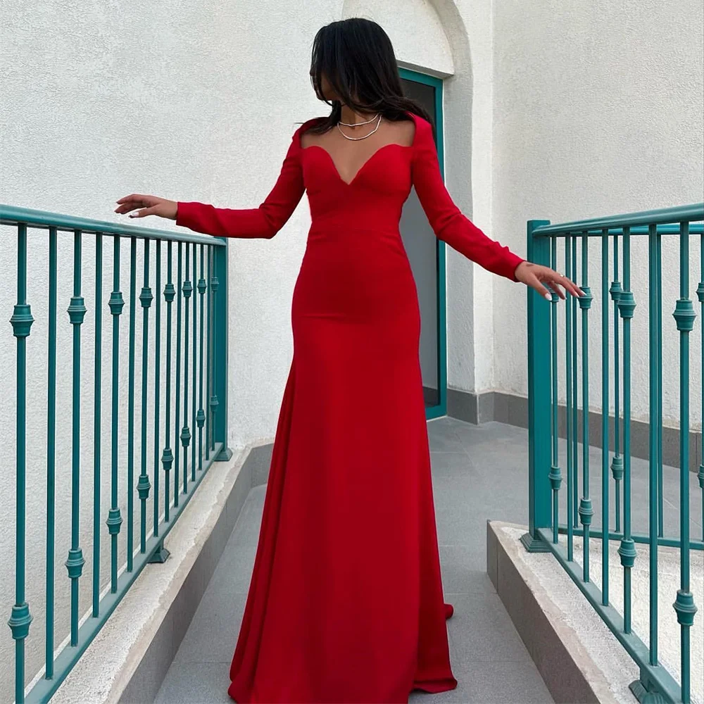 

MINGLAN Formal Red Sweetheart Full Sleeve Mermaid Long Evening Dress Floor Length Sweep Train Classy Prom Gown For Woman New