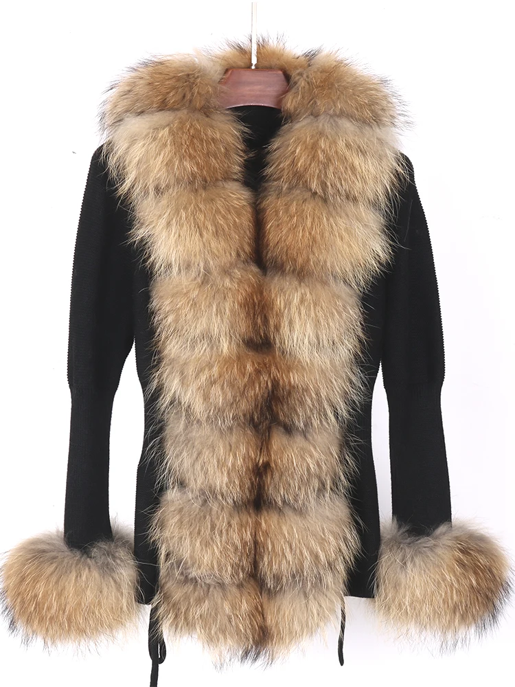 FURYOUME Autumn Winter Real Fox Fur Coat Korea Women Cardigan Wool Knitted Sweater Jacket With Natural Fox Fur Trim