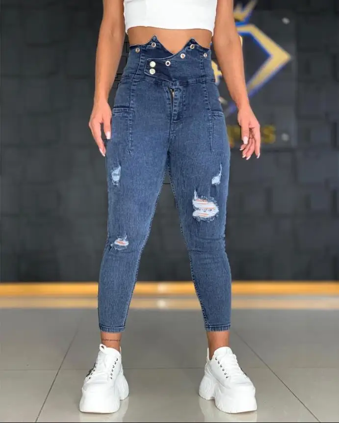 

Women's Jeans 2022 Trend Fashion Summer Grommet Eyelet Decor Ripped High Waist Casual Plain Skinny Daily Long Jeans