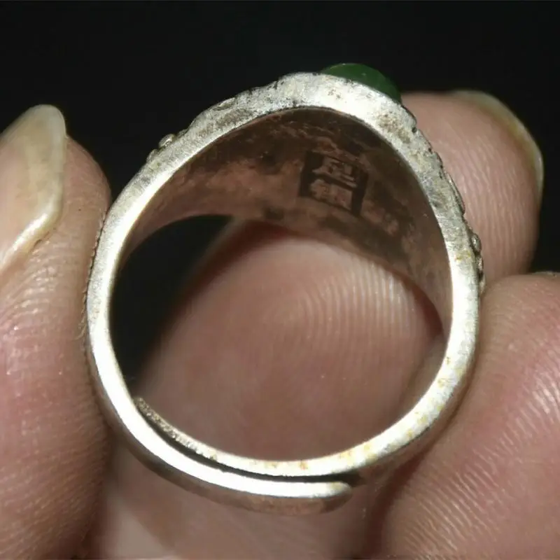 1&quot Old Chinese Silver Inlay Green Jade Dynasty Palace Jewelry Finger Ring | Statues &amp Sculptures