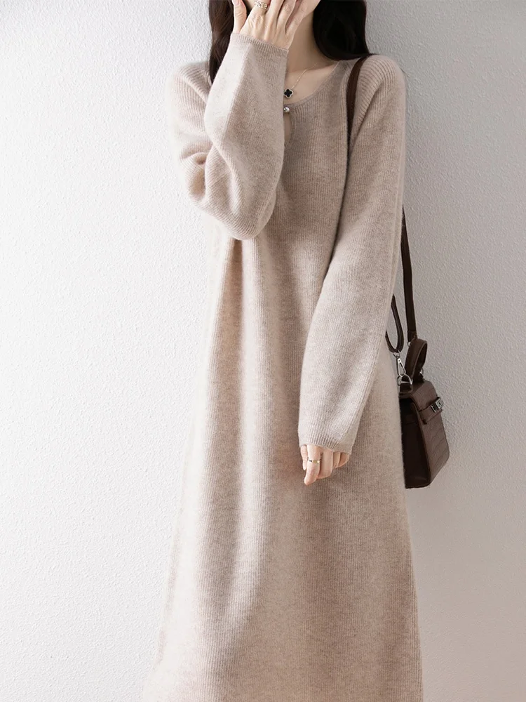 Женское платье из чистой шерсти с v-образным вырезом 00 осенне-зимнее