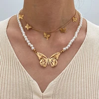 aporola fashion multilayer necklace punk openwork butterfly pearl clavicle chain women stacking pendant necklace gift jewelry