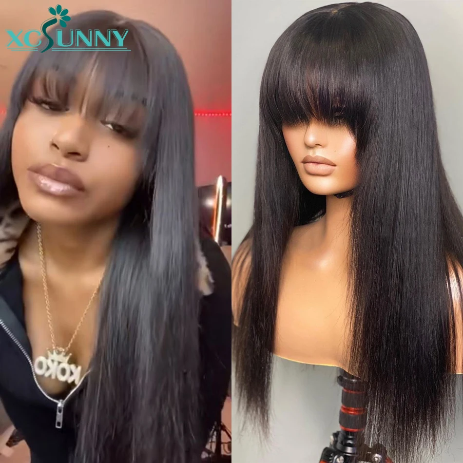 Straight Human Hair Wig With Bangs Glueless Remy Brazilian Full Machine Made O Scalp Top Human Hair Bang Wig For Women Xcsunny
